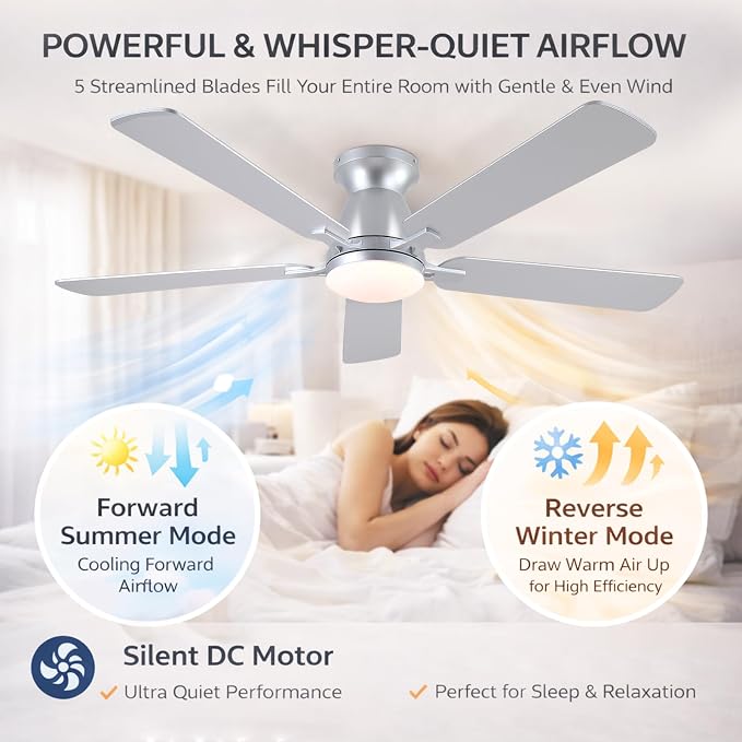 52 Inch Ceiling Fans with Lights and Remote, Flush Mount, Silver | Low Profile, Dimmable LED, Reversible, Quiet DC Motor, Wooden Blades, for Modern Apartment Bedroom Home Office Living Room