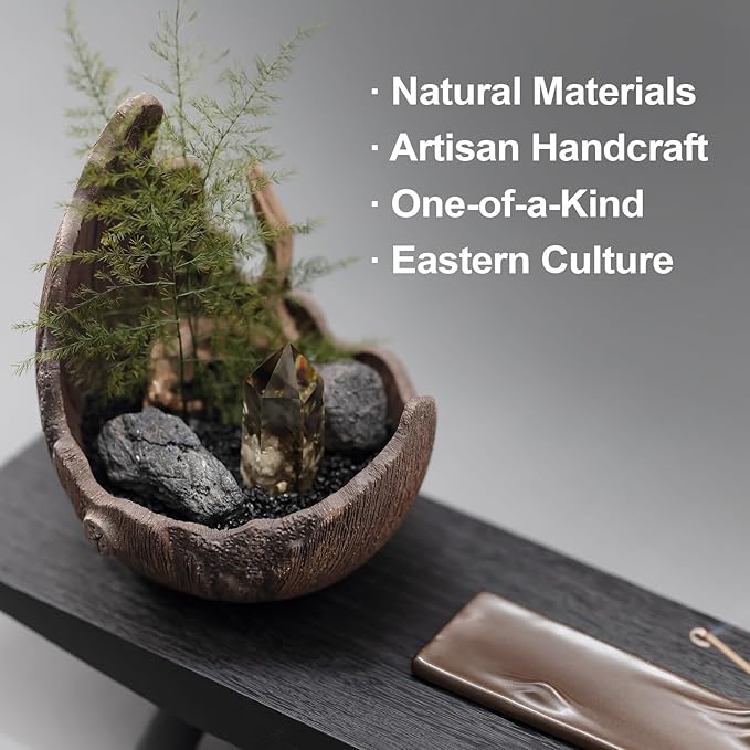 Moonlit Mountains Décor Set – Zisha Crescent Planter, Dehua Mountain Incense Holder, Paulownia Wood Tray, Citrine & Fern – Meditation, Feng Shui, Mindfulness Gift for Home & Office