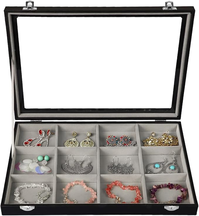 Stratalife 12 Grid Bracelet Jewelry Box, Bangle Holder Organizer with Lid | PU Leather Storage Box for Earring, Ring, Studs and Trinkets, Soft Velvet Drawer Organizer for Women, Dustproof, Gray Black