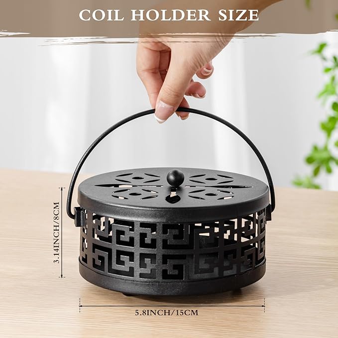 Lallisa 4 Pieces Mosquito Coil Holder Incense Coil Holder Round Retro Portable Metal Hanging Incense Burner with Handle for Home Camping Indoor Outdoor Patio(Black)