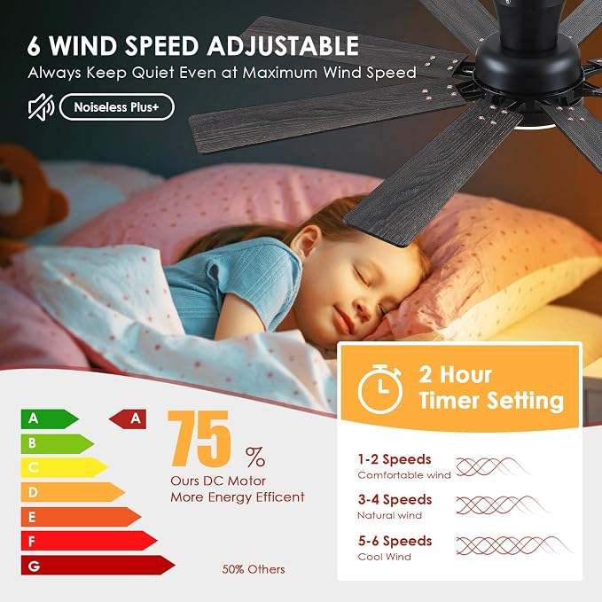 Mpayel Ceiling Fans with Lights, 52 Inch Low Profile Flush Mount Ceiling Fan, Modern Black Ceiling Fan with Light for Bedroom Living Room, Remote/APP Control, Quiet DC Motor, Dimmable, 8 Wood Blades