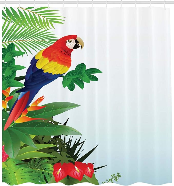Ambesonne Parrots Shower Curtain, Macaw Bird in Tropical Forest Flowers Big Leaves Plants Wildlife Vibrant Color Art, Cloth Fabric Bathroom Decor Set with Hooks, 69" W x 84" L, Olive Green