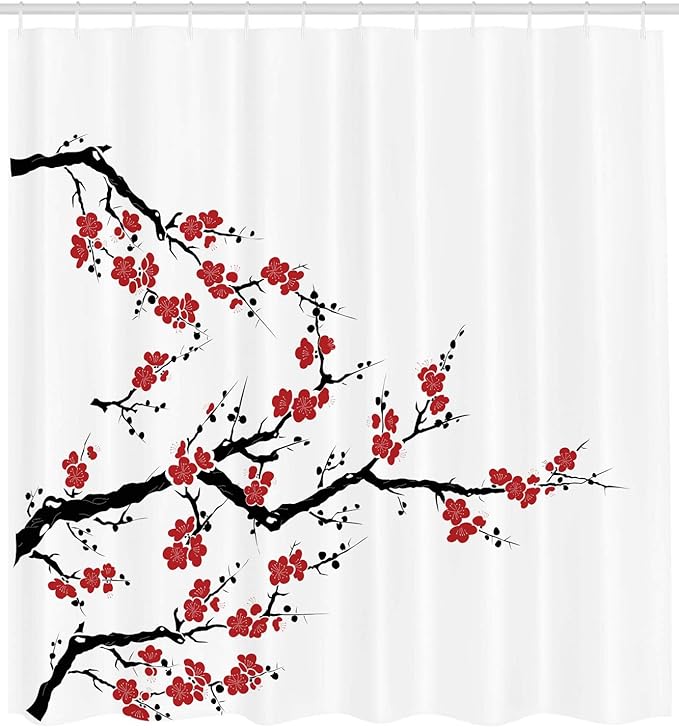 Ambesonne Japanese Shower Curtain, Simplistic Cherry Blossom Tree Botanic Themed Pattern Fresh Organic Lines, Cloth Fabric Bathroom Decor Set with Hooks, 69" W x 84" L, Cinnamon Red