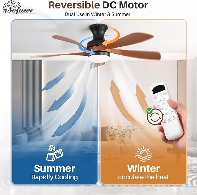 Sofucor 42 Inch Low Profile Ceiling Fan with Light, Flush Mount Outdoor Ceiling Fan with Remote for Farmhouse Bedroom Living Room Patio, Dimmable LED High Airflow Quiet Reversible DC Motor