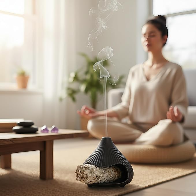 Retro Ceramic Palo Santo Holder, Sage Smudge Burner, Mini Fireplace Mount Fuji Chimney Incense Ash Catcher, Boho Zen Meditation Home Decor Gift (Matte Black)