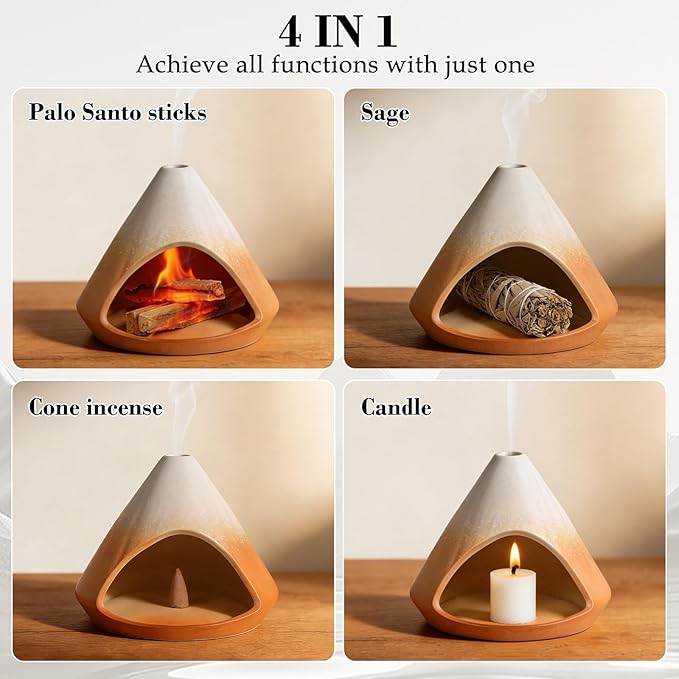 Incense Burner Holder for Palo Santo Sticks,Sage,Cone,Mountain-Inspired Handcrafted Ceramic Ash Catcher Smudge Bowl for Yoga Meditation Energy Cleansing Room Décor,Orange