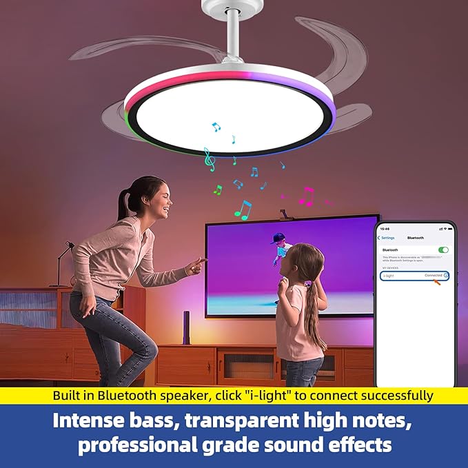 BAYSQUIRREL Slim RGB Retractable Ceiling Fan with Light and APP/Remote Control, 42inch Modern Smart Ceiling Fan with Bluetooth Speaker, Dimmable Full Spectrum with Memory, 6-Speed Reversible Fan,White