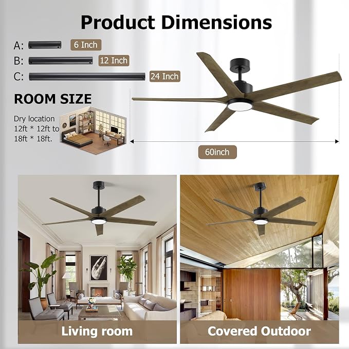 60 Inch Ceiling Fan with Lights, Outdoor Wood Silent Ceiling Fans, Modern High CFM Farmhouse Ceiling Fans, Quiet Reversible DC Motor, 5 Blades 6 Speed for Bedroom Living Room Exterior Patios