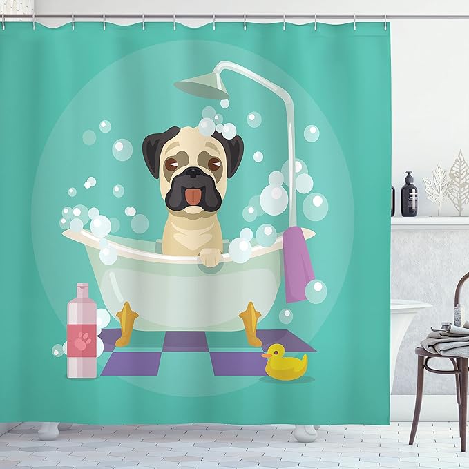 Ambesonne Cartoon Shower Curtain, Pug Dog in Bathtub Grooming Salon Service Shampoo Rubber Duck Pets in Style Image, Cloth Fabric Bathroom Decor Set with Hooks, 69" W x 70" L, Teal
