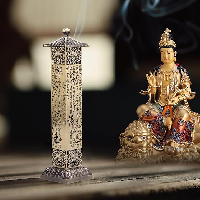 2.7×2.7×10.8in Copper Incense Holder,Incense Burner Holder with Reliefs of Scriptures Hollow Craftsmanship,Incense Seat,Incense Catcher for Relieving Anxiety,Yoga Relaxation for Yoga Room,Tea Room