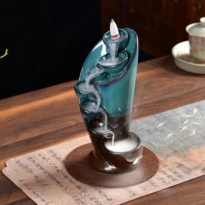 YYW Backflow Incense Burner Holder Handmade Statue Decor Fountain Waterfall Incense Holder with 20 Backflow Incense Cones 30 Incense Sticks 1 Tweezer 1 Mat for Indoor Meditation Yoga (Blue)