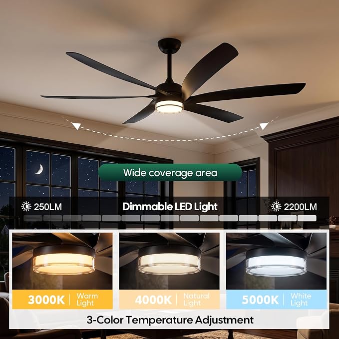 64 inch Smart Ceiling Fan with Light, Alexa/APP/Wifi/Remote Control, Large 6 Black Blades, High Airflow Quiet Reversible DC Motor, Indoor Outdoor Fans for Covered Patios, Gazebo, Deck, 3 Downrods