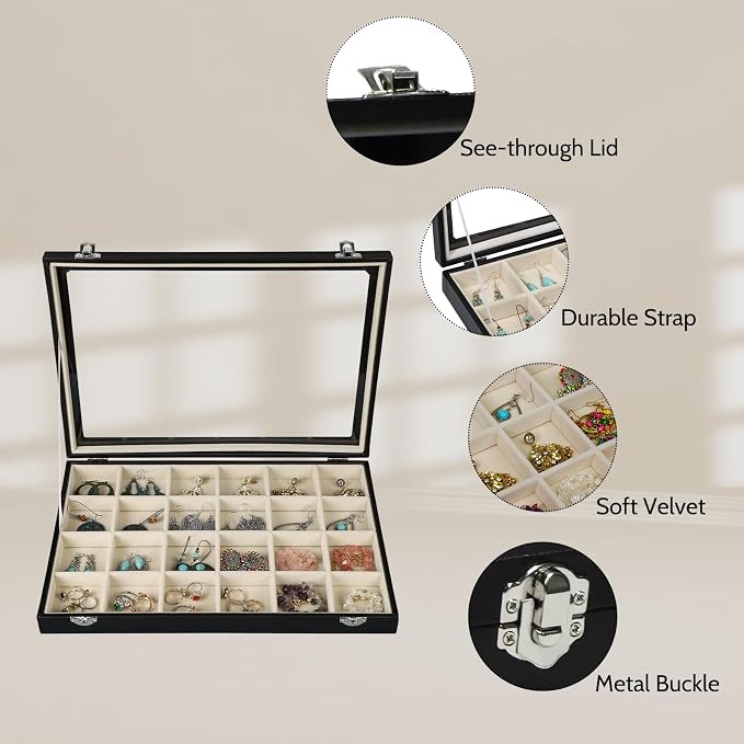 Stratalife 24 Grid Earring Organizer, Jewelry Holder Organizer with Lid | PU Leather Storage Box for Earring, Ring, Studs and Trinkets, Soft Velvet Drawer Organizer for Women, Dustproof, Beige Black