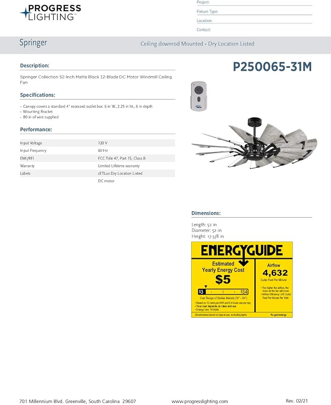 Progress Lighting Springer Collection DC Motor Farmhouse Windmill Ceiling Fan, Matte Black, 12-Blade (52" W x 17-3/8" H) P250065-31M
