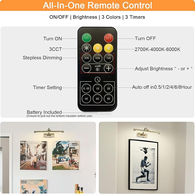 Tassuowell LED Picture Lights for Wall Rechargeable, Battery Operated Art Light for Paintings Wireless,15.7inch Antique Bronze Gallery Light for Artwork