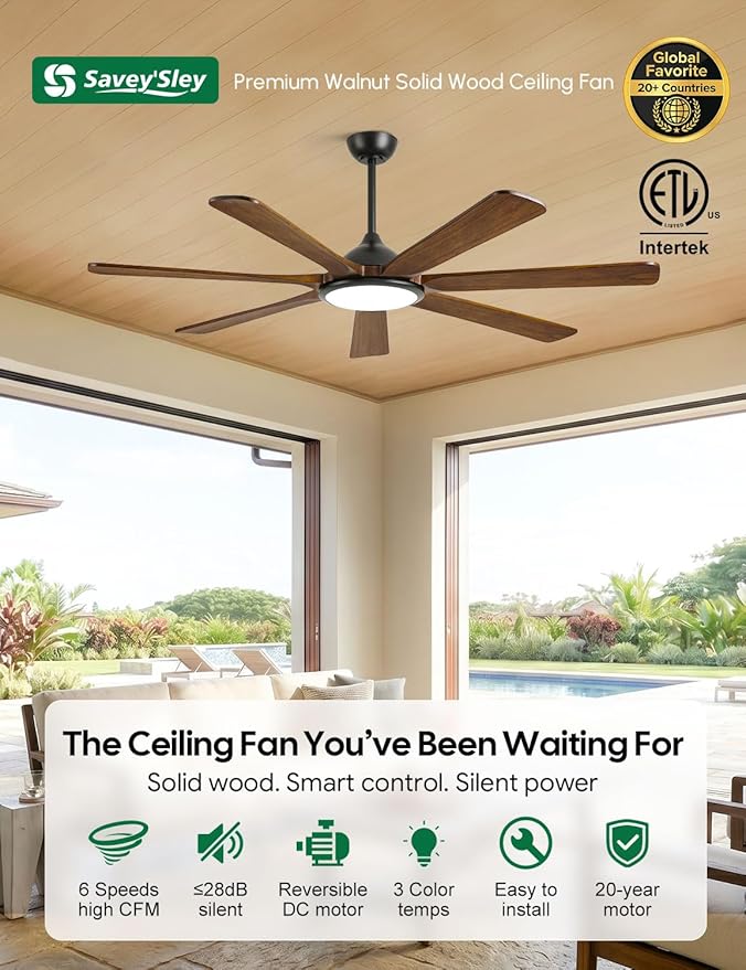 60 inch Smart Wood Ceiling Fan with Light, Remote/Alexa/App Control, Farmhouse Rustic Style, 7 Solid Walnut Blades, Indoor Outdoor High CFM Quiet DC Motor, Damp Rated for Covered Patio, Living Room