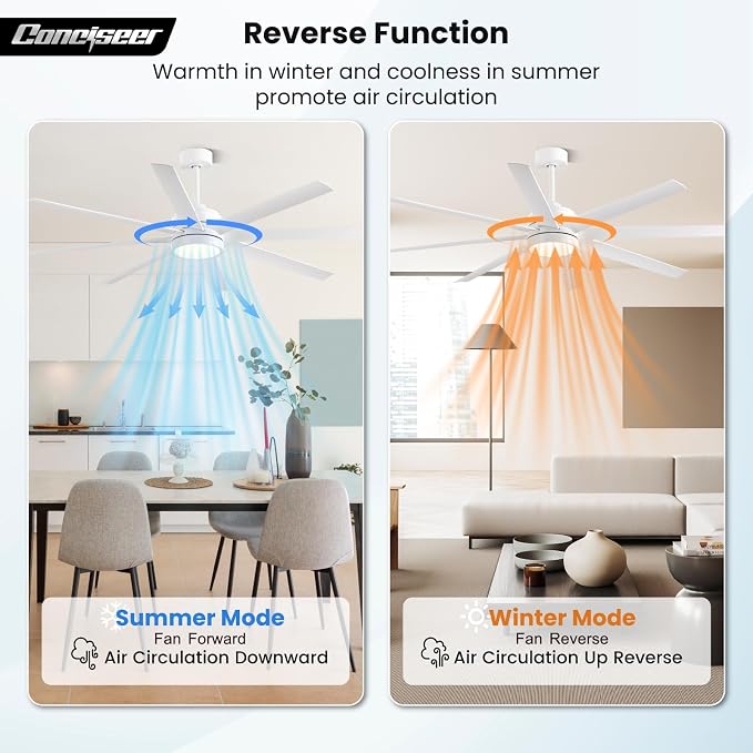 Conciseer 65 Inch Ceiling Fan with Light and Remote Control for Bedroom Living Room Kitchen Home Office, Indoor/Outdoor Use, 6CCT Dimmable, 8 Blades 6 Speed Reversible Quiet DC Motor, White
