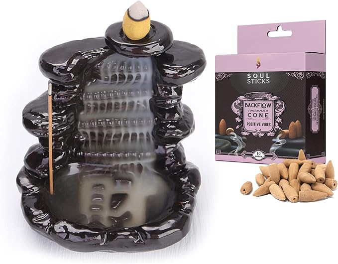 SOUL STICKS Backflow Incense Holder Burner Waterfall Fountain for Home, Office, Yoga, Room Decor & Aromatherapy with 1 Pack of 10 Backflow Fragrance Cones Included (Peaceful Garden)