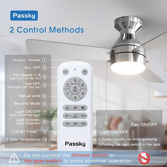 Passky Ceiling Fans with Lights, 42 inch Low Profile Ceiling Fan with Pull Chain and Remote Control, Flush Mount, Reversible, 5CCT, Dimmable, Noiseless, Nickel Pull Cord Ceiling Fan for Bedroom
