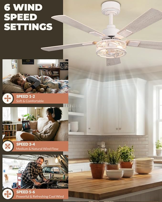 42 Inch Ceiling Fans with Lights, Remote Control Ceiling Fan for Bedroom Living Room, Quiet and Reversible DC Motor, Low Profile Flush Mount 6-Speed 5 Blades Caged Ceiling Fan, White