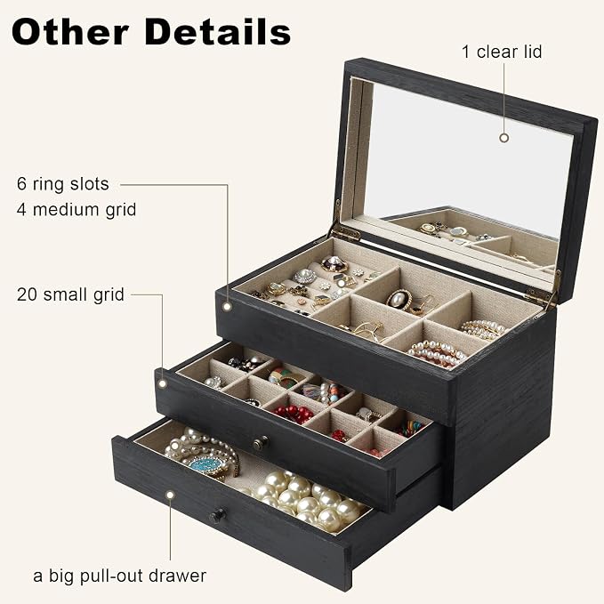 Meangood Jewelry Box Organizer for Women, 3 Layer Large Jewelry Storage Case, Rustic Wooden Jewelry Box with Mirror & Ring Tray for Necklace Earring Bracelets Rings, Vintage Style (Black)