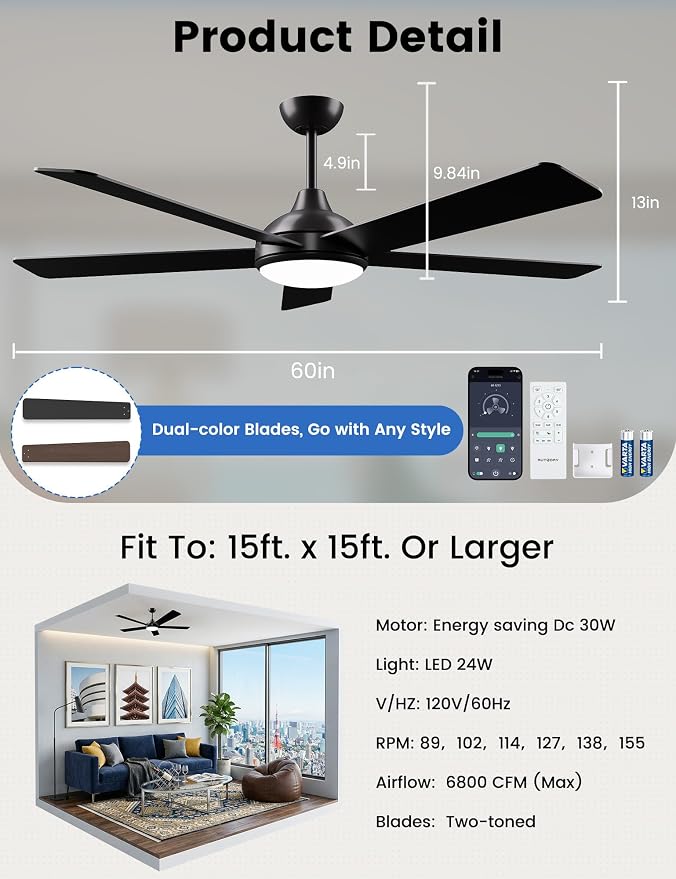 60 Inch Ceiling Fans with Lights and Remote/App Control: Black Ceiling Fan with Light, Quiet Reversible DC Motor, Dimmable Tri-Color LED, Modern Ceiling Fan for Bedroom/Patio, Indoor/Outdoor