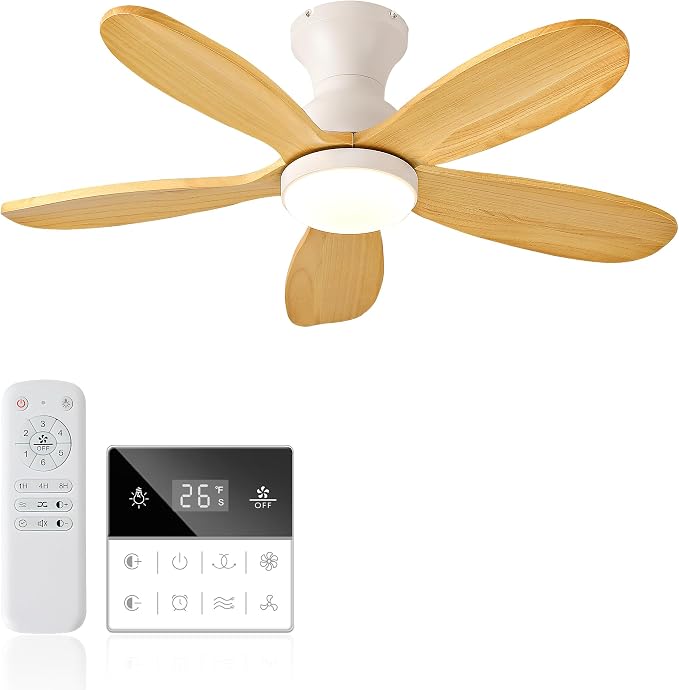 36 Inch Wood Ceiling Fans with Lights,Small Low Profile Ceiling Fans and Remote,Flush Mount Ceiling Fan with 5 Blades 6 Wind Speeds, Modern Hugger Ceiling Fan for LivingRoom, Bedroom, Patio