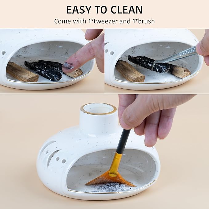 ZenBless 3 in 1 Incense Holder for Palo Santo Sticks Sage Incense, Handcrafted Ceramic Incense Burner Holder Ash Catcher with Chimney, Smudge Bowl for Yoga Meditation Room Home Decor