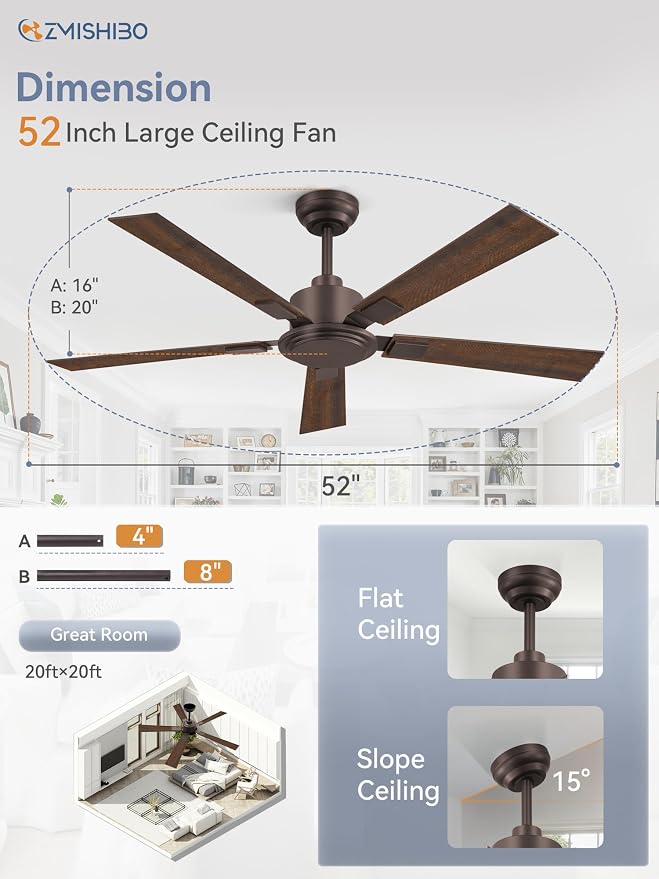 ZMISHIBO 52 Inch Ceiling Fan No Light with Remote Modern Bronze Ceiling Fan with Quiet Reversible DC Motor, 6-Speeds 5 Blades, Indoor/Outdoor Ceiling Fans Without Light for Patio, Living Room, Garage