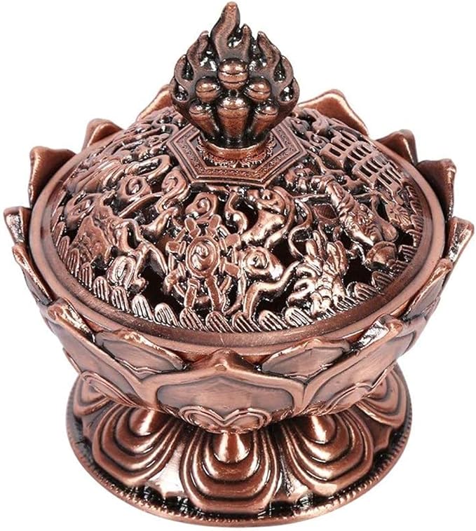 Incense Burner, Bronze Antique Chinese Asian Style Lotus Flower Incense Burner Pot Backflow Smoke Incense Burner Stick Cone Holder Zen Buddha Buddhist Meditation Decor Gift Set(Red Bronze)