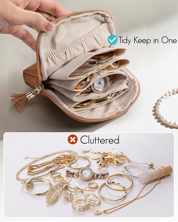 VLANDO Small Travel Jewelry Case,Jewelry Pouch Bags with Zipper,Velvet Jewelry Organizer Storage Bag for Bracelet Rings Earring-Brown
