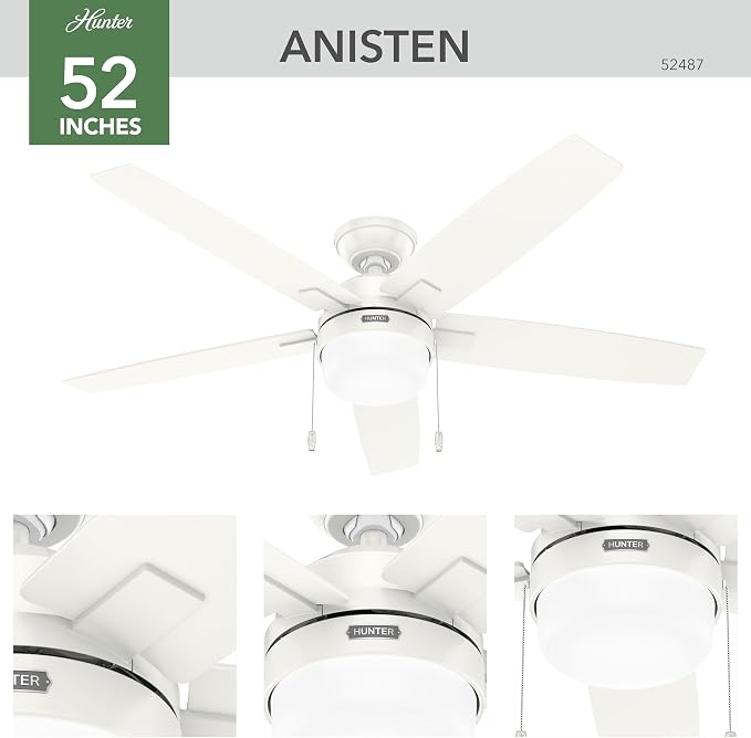 Hunter 52 inch Indoor Ceiling Fan with LED Light - White Ceiling Fan with Pull Chain, for Bedroom or Living Room, Standard Mount, No Remote, 5 Blades, Includes Bulbs - Anisten 52487, Fresh White | Standard Mount, Pull Chain, 5 Blades, For Bedroom, Livi...