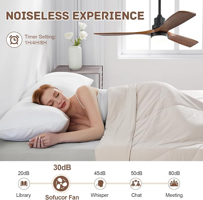 Sofucor Smart Ceiling Fan with Light, 52 Inch Solid Wood Ceiling Fans with Lights and Remote,Work with Alexa/Google, Low Profile Indoor/Outdoor Ceiling Fan, Quiet DC Motor, for Bedroom Patio Farmhouse
