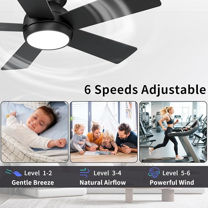 POCHFAN 42 Inch Black Ceiling Fans with Lights and Remote, LED Low Profile Flush Mount Ceiling Fan for Bedroom, Living Room, Patio, Quiet DC Motor, 5 Blades