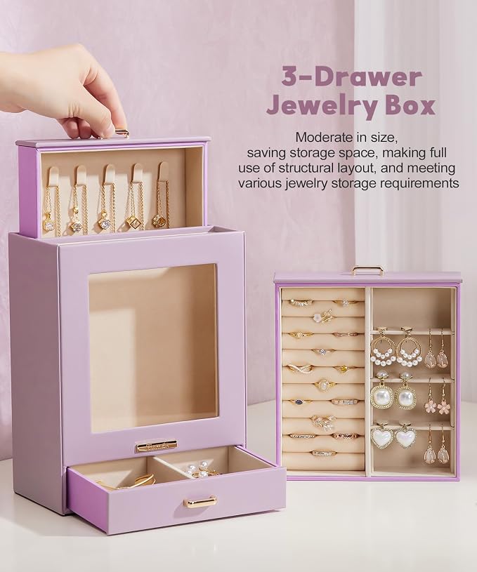 Homde Display Jewelry Box for Girls: Starter Organizer with Clear Window | Vertical Drawers for Earrings Rings Necklaces - Compact Footprint Fits Small Vanities - Birthday&Graduation Gift for Teens