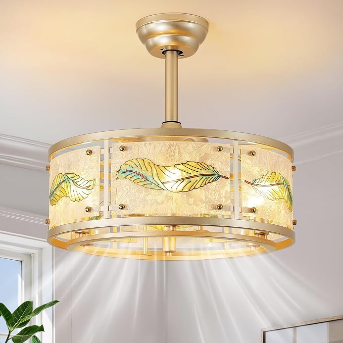 AIJIASI Gold Fandelier Ceiling Fans with Lights, 20" Caged Ceiling Fan with Light and Remote Control, Chandelier Ceiling Fan Low Profile with 6 Speeds for Bedroom, Living Room, Nursery
