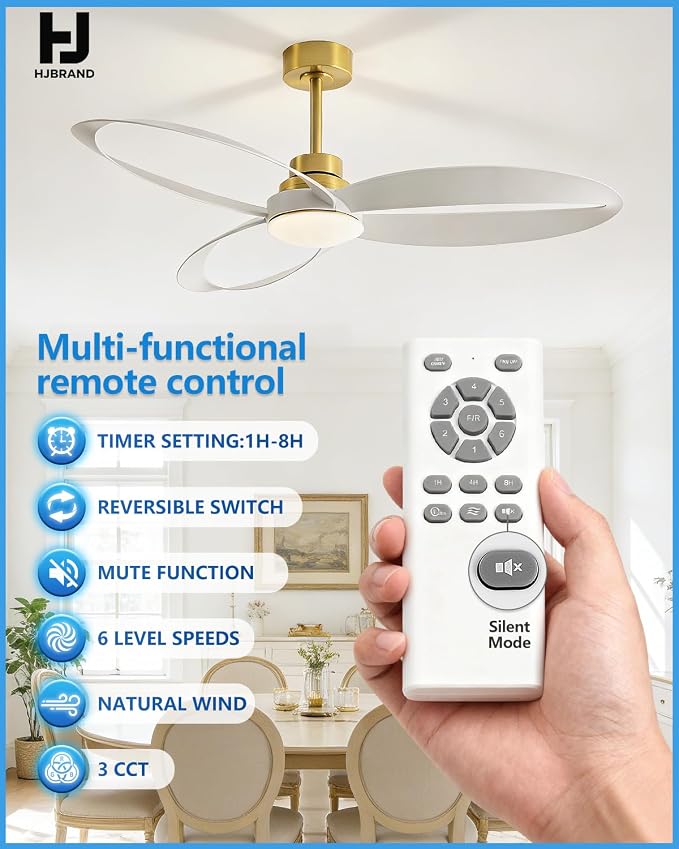 52" Ceiling Fan with Lights and Remote,Modern Ceiling Fan Gold, 6 Speed, Reversible, 3000k-6000k LED, Quiet DC Motor for Indoor Outdoor Bedroom Living Room Patio
