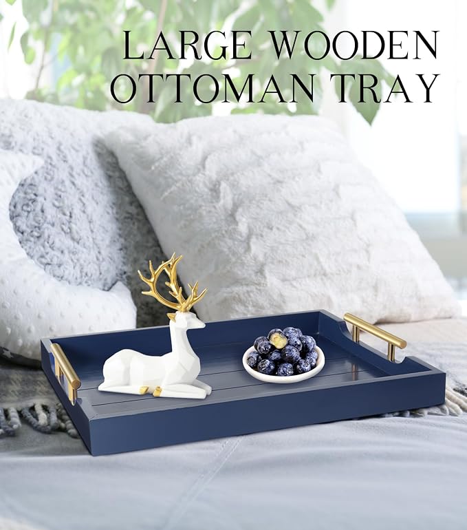 SXNOWS Wooden Serving Tray with 2 Sets of Handles,Navy Blue | Rectangle 16.5x13 Inch Ottoman Decorative Tray for Coffee Table Kitchen Bar Living Room Breakfast in Bed, 4 Coasters Included