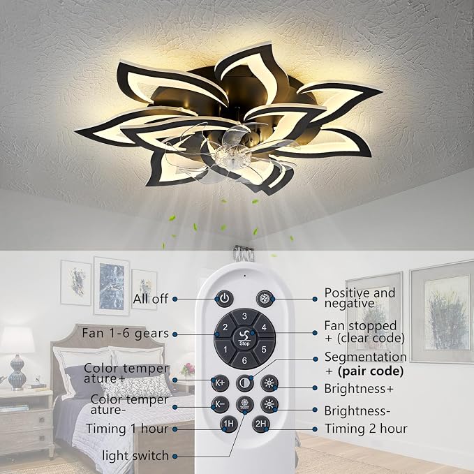 32inch Black Flower Modern Ceiling Fans with Lights, Low Profile Ceiling Fan with Remote for Bedroom, Flush Mount Ceiling Fan with LED Dimmable Light,6-Speeds, Timing Ceiling Fan Light