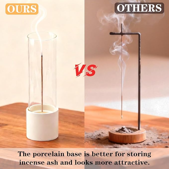 CEREMONY Incense Holder, Ceramic Incense Holder for Sticks with Glass Ash Catcher, Anti-ash Incense Burner with 20 Incense Sticks and a Ash Brush for Meditation Yoga Spa Room Decor (White)