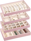 LANDICI Stackable Jewelry Organizer Trays 4 Set,PU Leather Jewelry Organizer Drawer,Jewelry Storage Display Tray for Earring Necklace Rings Bracelet with Removable Dividers,Rose Gold