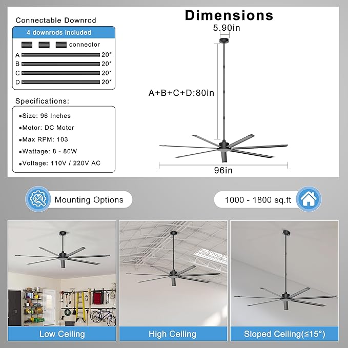 Ohniyou 96'' Ceiling Fan No Light, Black Industrial Ceiling Fan with Remote/APP, 7 Aluminum Blades, 17500 CFM DC Motor for Shop, Warehouse, Gym, Garage, Patios