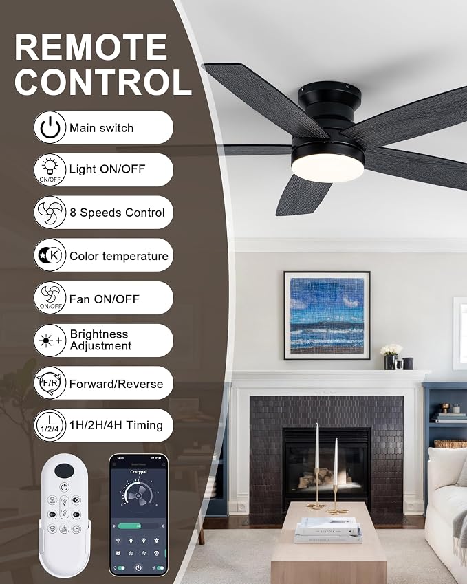 Coolwind 48 Inch Black Flush Mount Ceiling Fan with Display Remote/APP Control, Quiet Low Profile Ceiling Fan with Light, 8 Speeds, Dimmable, 3CCT, Timer, DC Reversible Motor for Bedroom, Living Room