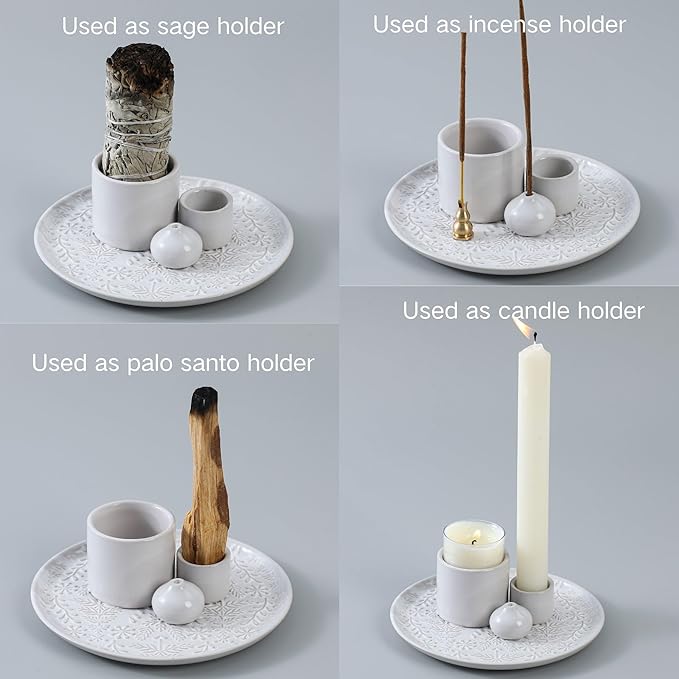 5 in 1 Incense Holder Burner, 5.9" Ceramic Holder for Burning Palo Santo Sage Candle and Incense Sticks Cones, Ash Catcher Tray for Meditation Room Home Décor (White)