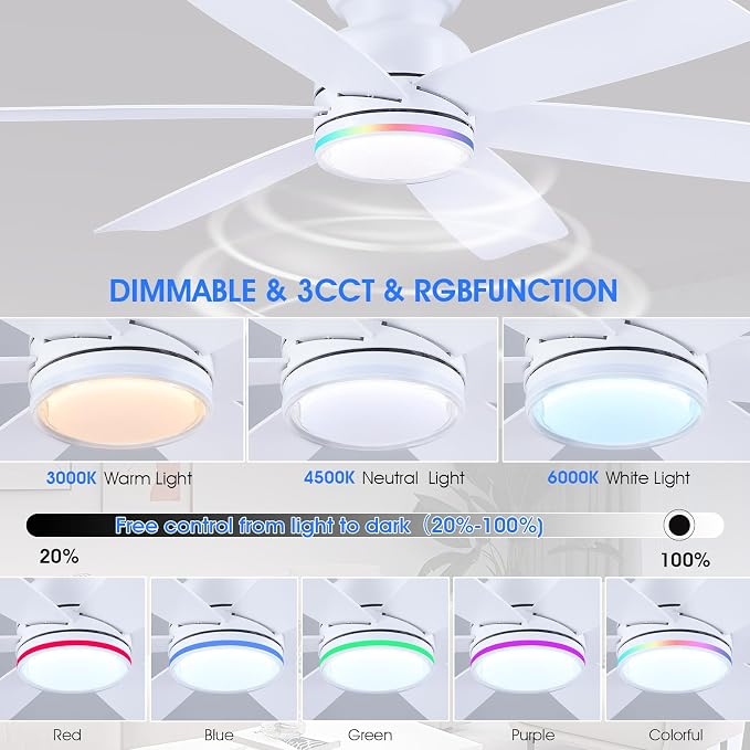Kviflon 46" Modern Ceiling Fans with RGB Lights Remote/APP Control, Low Profile Flush Mount Ceiling Fan, 6 Reversible Plastic Blades 6 Speeds, RGB + 3 CCT Dimmable Lights for Bedroom Kidsroom, White