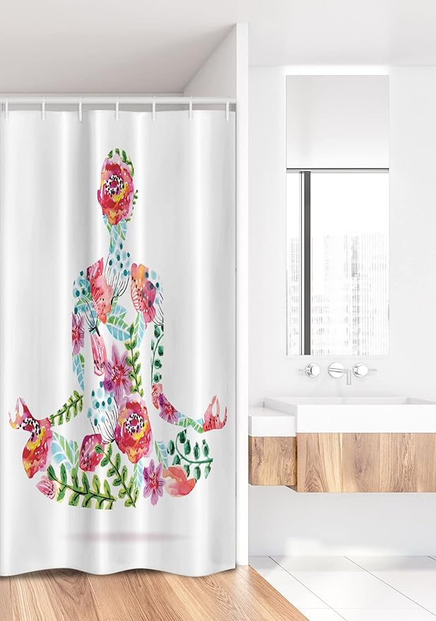 Ambesonne Yoga Stall Shower Curtain, Colorful Yoga Pose Floral Human Leaf Meditating Spring Wellness Vibrant Colors Namaste, Fabric Bathroom Decor Set with Hooks, 36" W x 72" L, Pink Blue