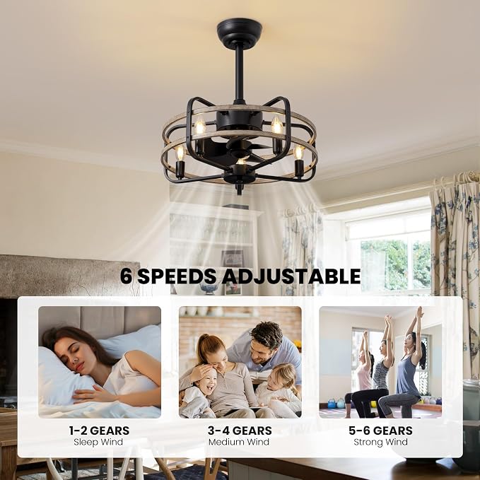 NOXARTE 20 Inch Caged Ceiling Fan with Light and Remote, Flush Mount Vintage Farmhouse Fandelier 6 Speeds Reverse Motor Rustic Bladeless Ceiling Fan for Bedroom Living Room Dining Room