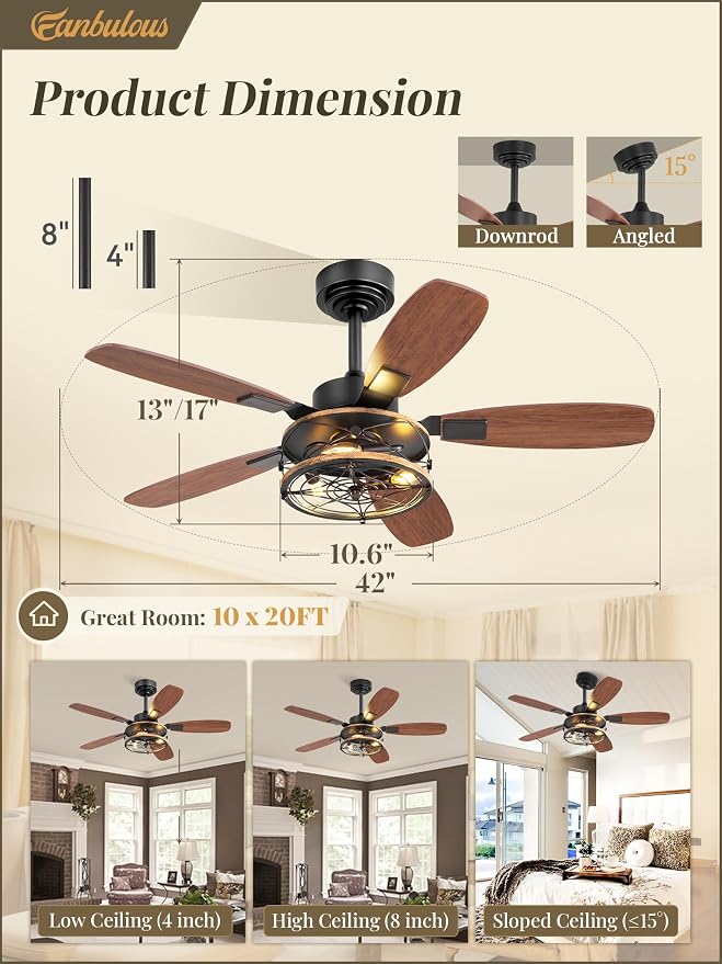 Fanbulous Farmhouse Ceiling Fan with Light and Remote, Industrial Caged Flush Mount Ceiling Fans with 6 Speed Reversible Motor and Dual Finish 5 Blades, for Living room, Bedroom (Black, 42 Inch)