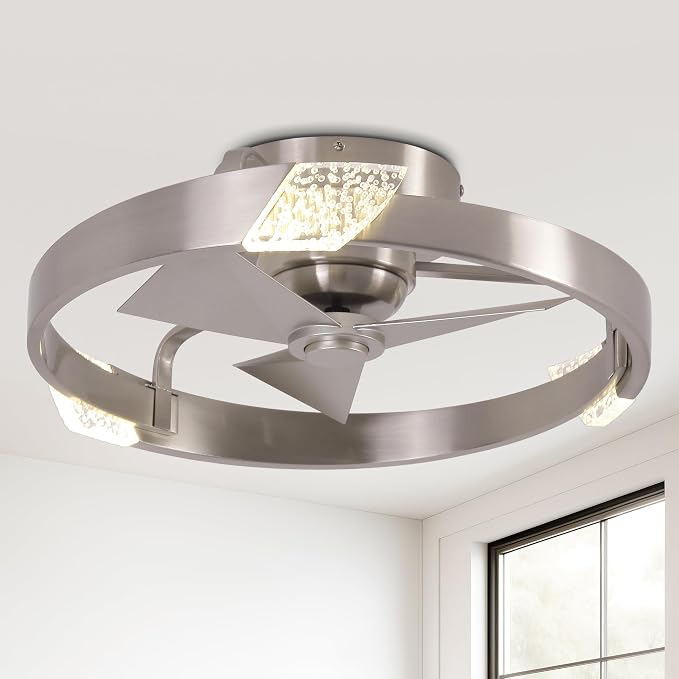 20" Low Profile Nickel Caged Ceiling Fan with Light and Remote - Modern Flush Mount Ceiling Fan, DC Motor, 3CCT, Timer, Unique Silver Fandelier Ceiling Fans for Bedroom Kitchen Living Room