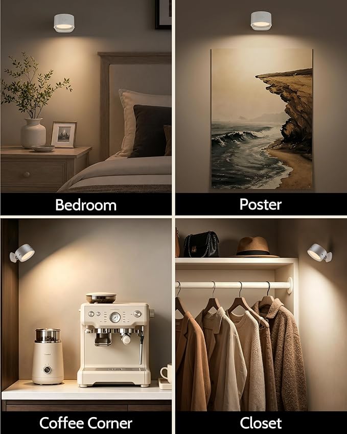 LED Wall Mounted Lights, Rechargeable Wall Sconces, 3 Color Temps, Remote & Touch, 360° Rotating and Dimmable for Bedroom, Bedside & Reading (White, 3 Pack)